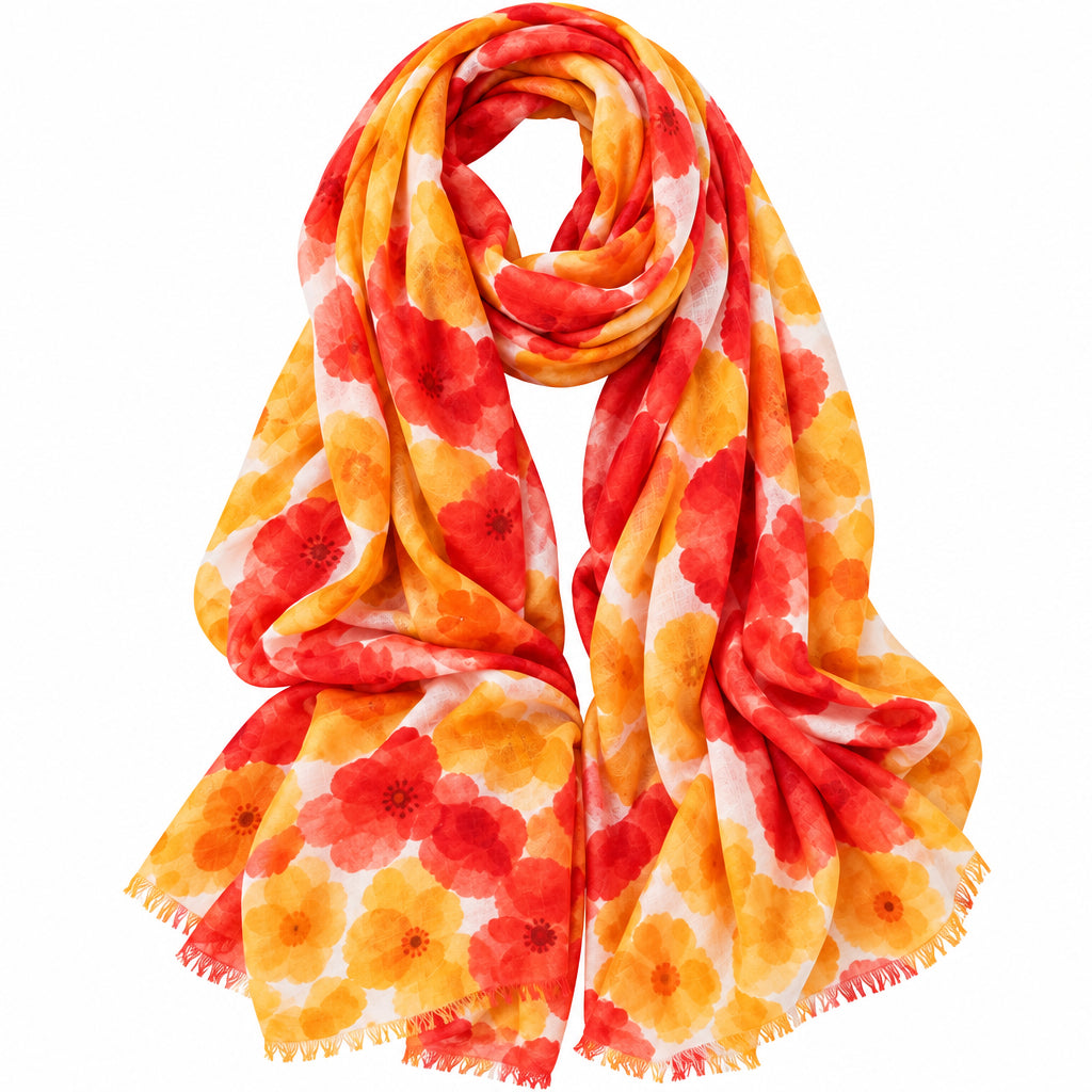 A lightweight scarf with a watercolor-style abstract pattern in orange, red, yellow, and white, draped to show its soft folds and fringed edges against a plain white background.