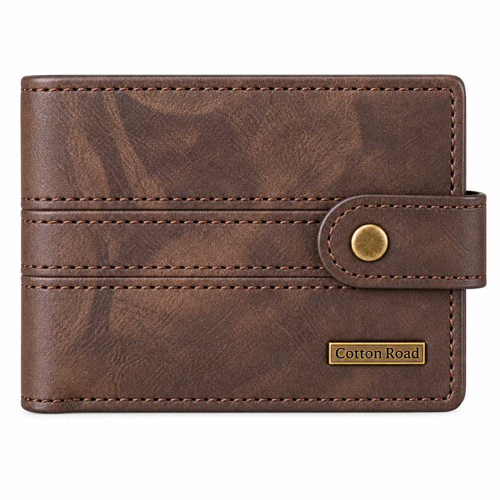 A brown textured leather bifold wallet with a snap-button strap closure and a brass-tone 'Cotton Road' logo plate, shown against a solid black background.
