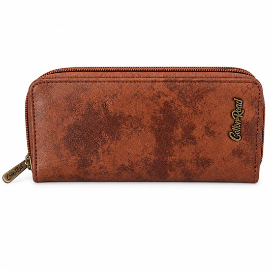 A brown textured leather zip-around wallet with a distressed finish, featuring a gold-tone metal zipper and the 'Cotton Road' brand name in gold script on the right side.