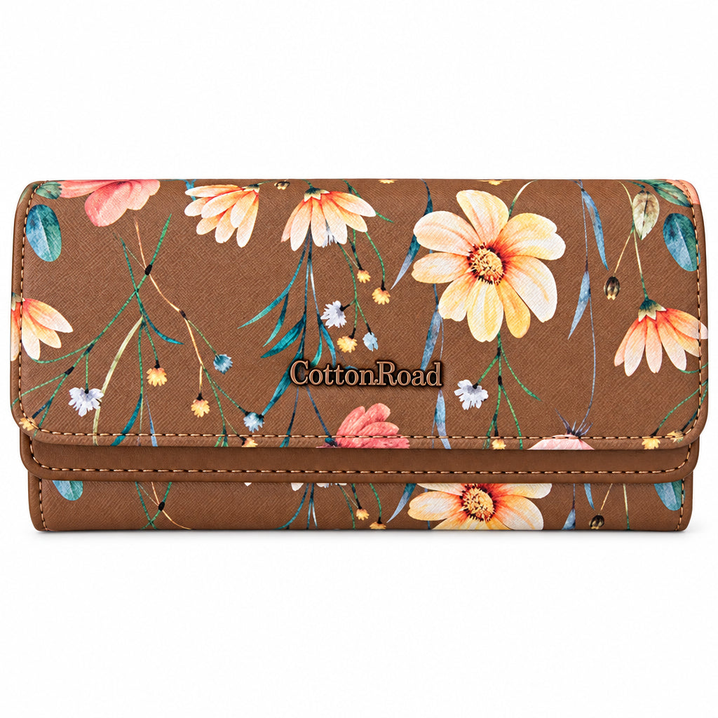 A brown textured wallet with a colorful floral print featuring yellow, pink, and white flowers with green leaves. The brand name 'CottonRoad' is embossed in the center.