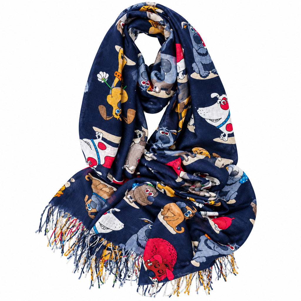 A navy blue scarf with a colorful cartoon animal print and fringed edges, displayed on a clean white background.