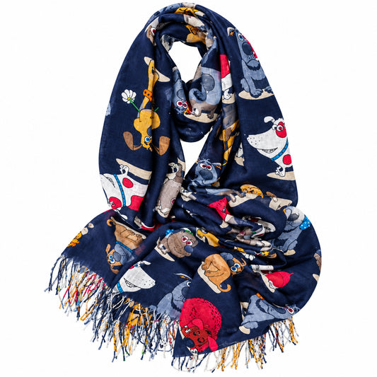 A navy blue scarf with a colorful cartoon animal print and fringed edges, displayed on a clean white background.