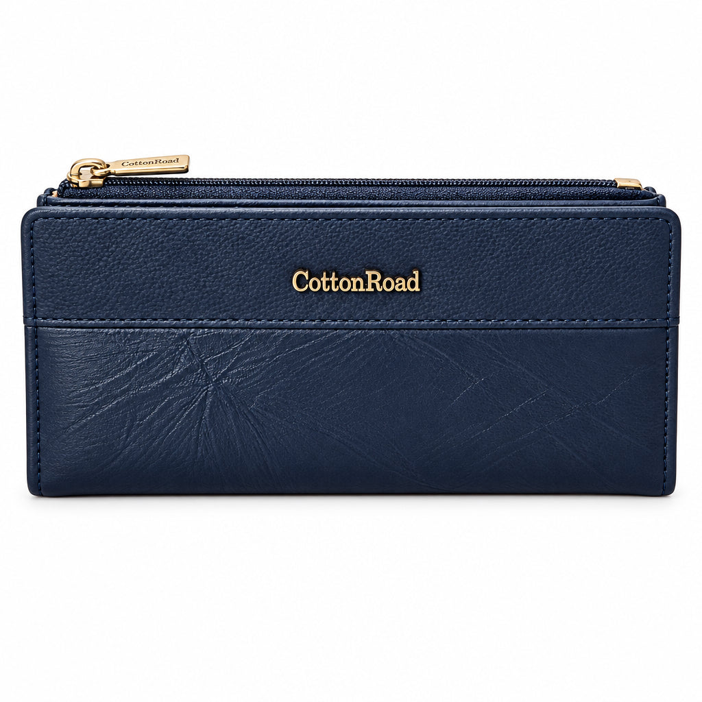 A navy blue leather zip-around pouch with gold-tone hardware and the CottonRoad logo in gold lettering on the front, set against a solid black background.