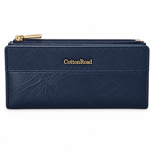 A navy blue leather zip-around pouch with gold-tone hardware and the CottonRoad logo in gold lettering on the front, set against a solid black background.