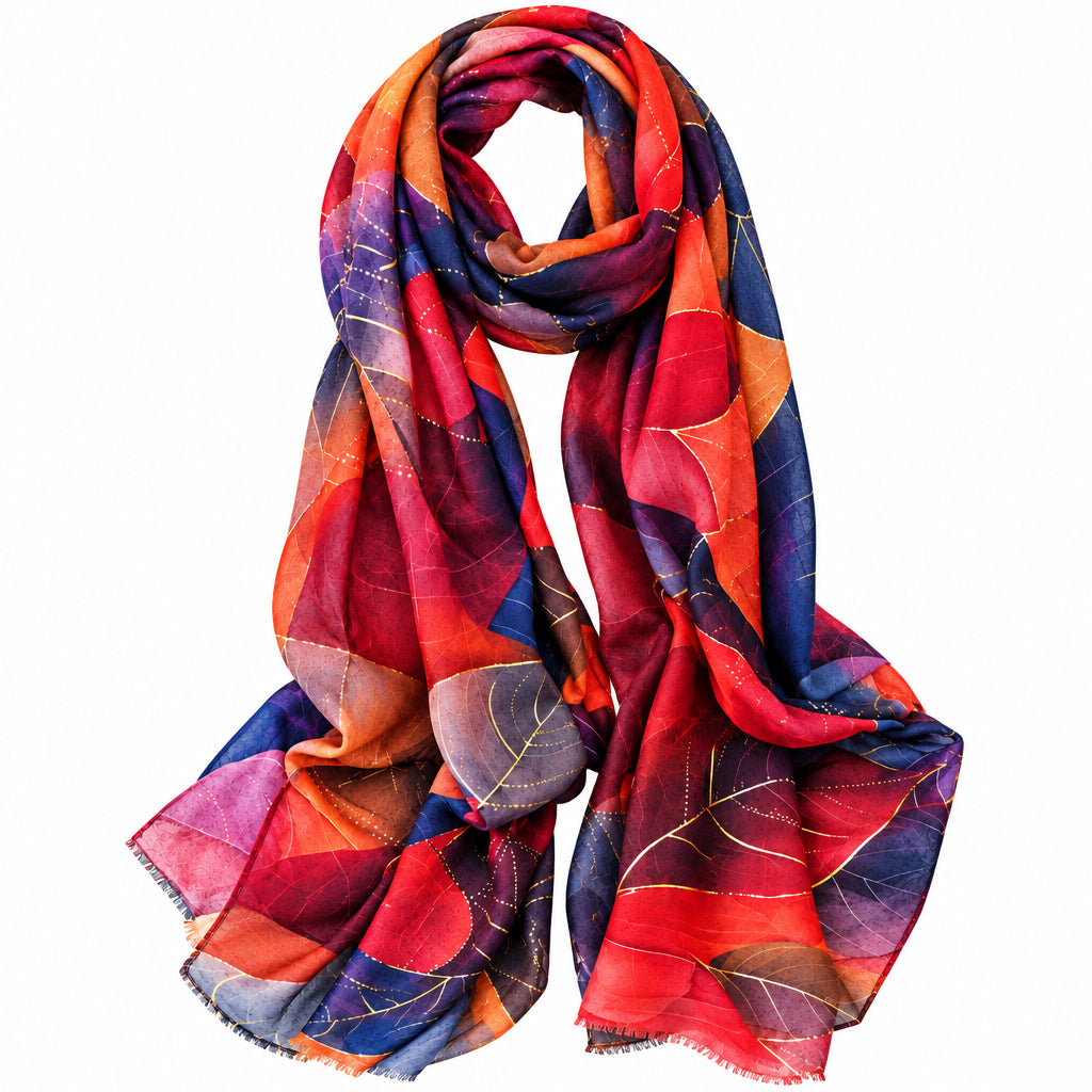A lightweight scarf with a vibrant autumn leaf pattern in shades of red, orange, purple, and blue, accented with thin gold leaf vein details, shown on a plain white background.