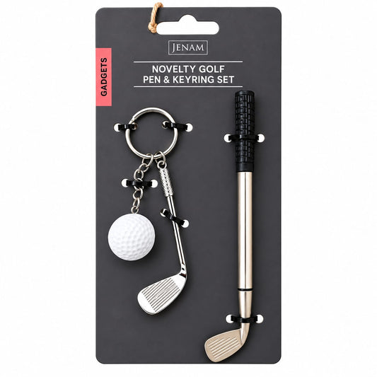 JENAM novelty golf pen and keyring set on a black backing card. The set includes a golf club-shaped pen with a silver body and black grip, a golf ball keychain, and a metal keyring.