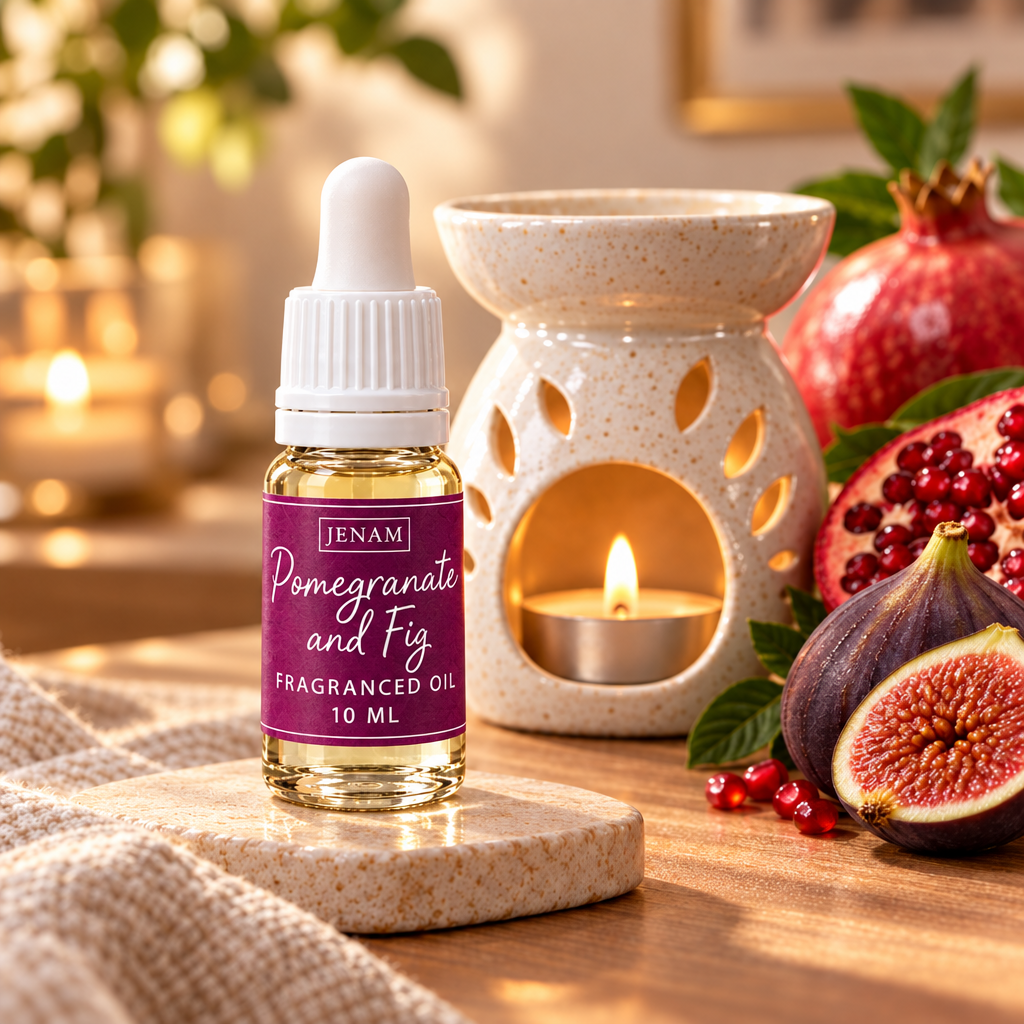 A 10 ml bottle of JENAM Pomegranate and Fig fragranced oil stands on a stone coaster in a warm, styled setting with a lit candle holder, pomegranates, and a sliced fig.