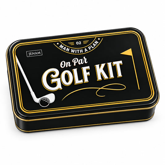 A rectangular black tin package for a golf kit, featuring gold border lines, a white golf club and ball illustration, and the text 'JENAM On Par GOLF KIT' on a clean white background.