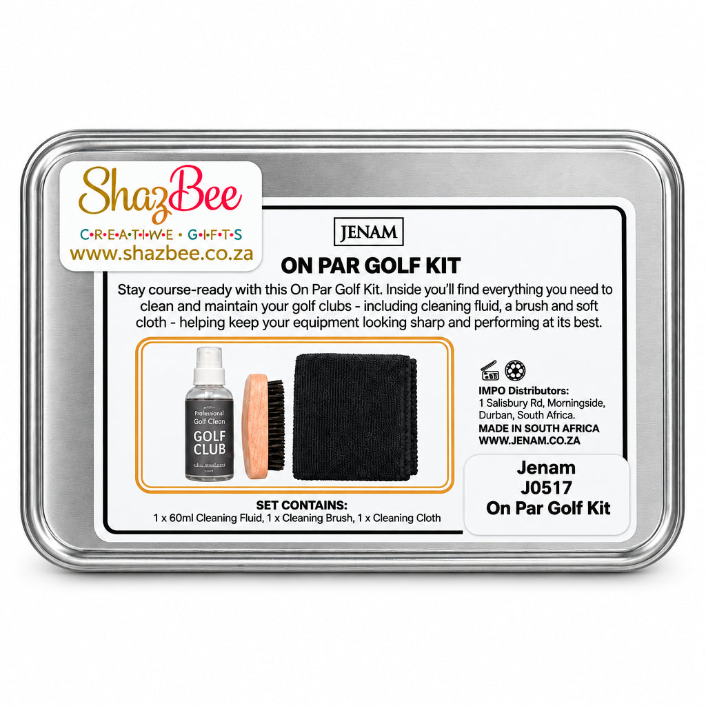 Jenam On Par Golf Kit in a silver metal tin with a white product card insert. The kit includes a bottle of cleaning fluid, a soft brush, and a soft cloth, with a Jenam logo and product details printed on the card.