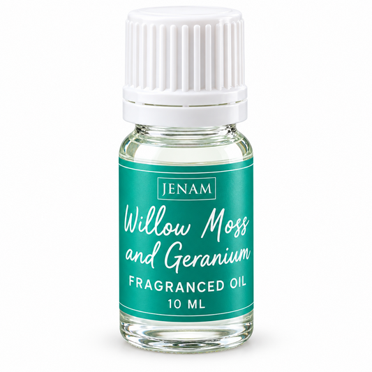 A 10 ml glass bottle of Jenam Willow Moss and Geranium Fragranced Oil with a white ribbed cap and a teal-green label, isolated on a white background.
